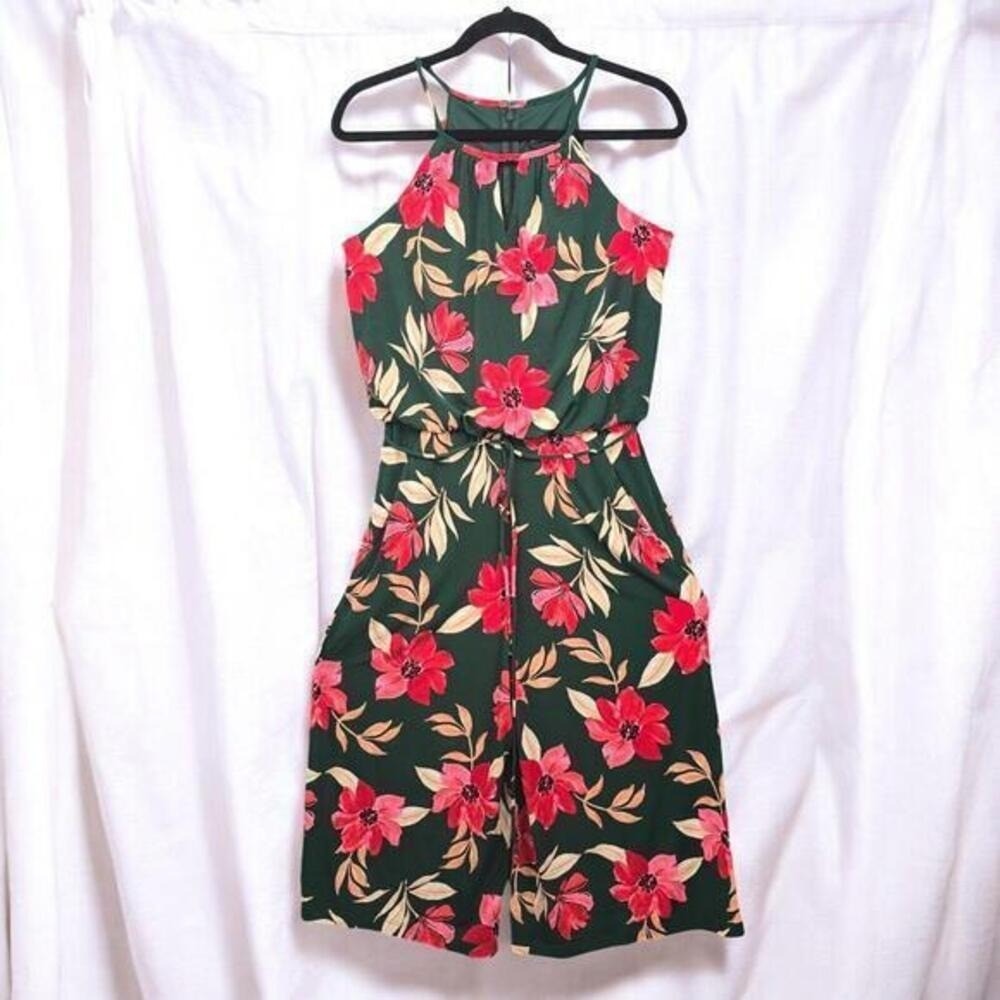 Maggy London Green Floral Halter Wide Leg‎ Culotte Jumpsuit Size 4 Keyhole Neck